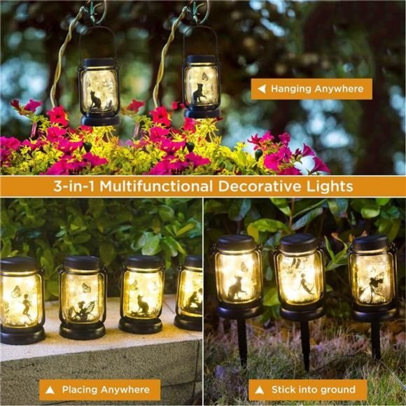 Mobile Outdoor Solar Lantern, Cat & Butterfly Fairy Light Theme‎ Garden Decor - Picture 3 of 6